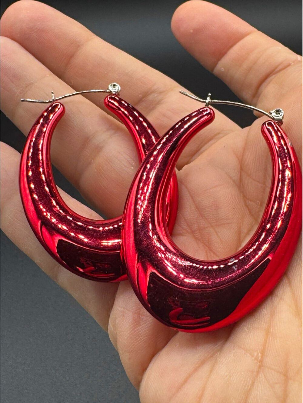 Red Metallic Chunky Hoop Earrings Statement Crescent Holiday Christmas Party
